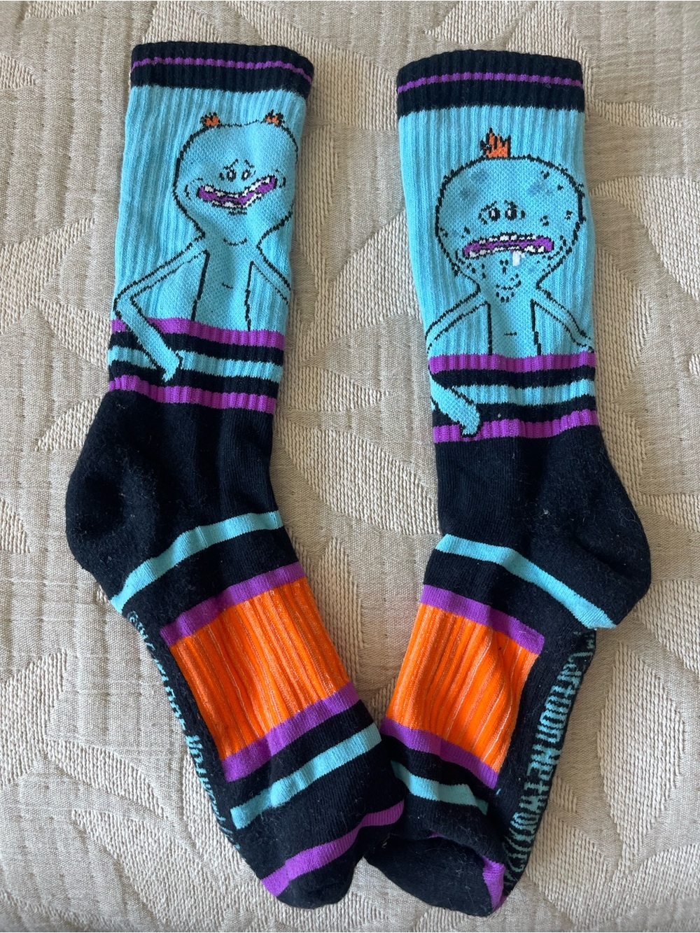 Rick and Morty Mr Meeseeks Cartoon Network Mens Crew Socks Blue Black Striped